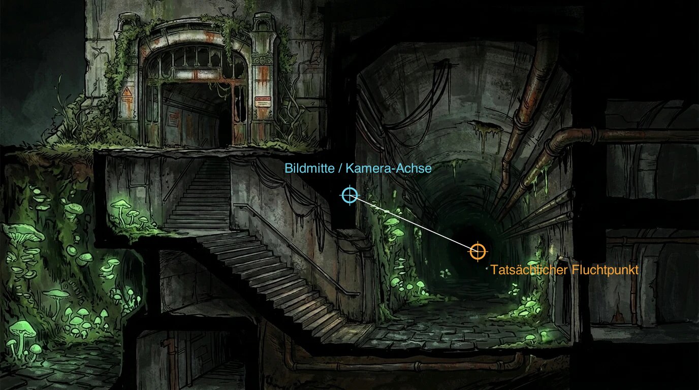 Annotated Flakturm tunnel background: blue marks the actual image center, where the fixed 3D camera looks straight ahead; orange marks where the painted tunnel itself visually converges, clearly offset from center.