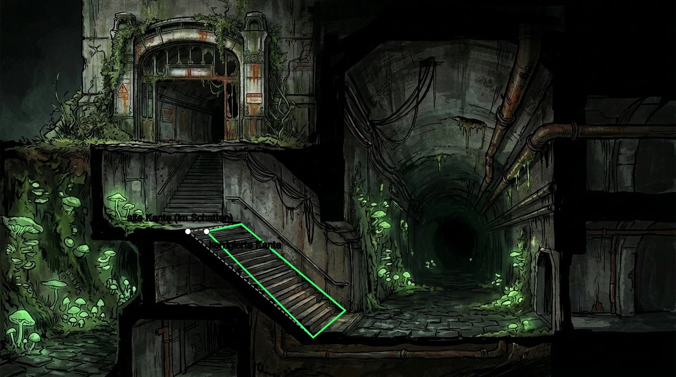 Zone C's left edge after the fix (green) now closely follows the real, painted step edge, compared to the old edge (white, dashed), which cut through the shadow beside the staircase.