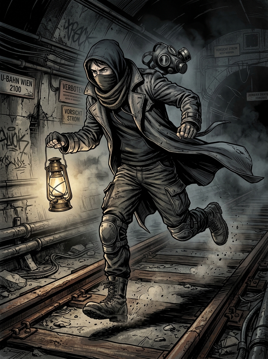 Spieler (Männlich) im Vollschritt durch den U-Bahn-Schacht